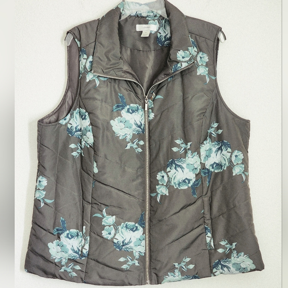 CJ Banks Vest Quilted Puffer Lined Faux Pockets Women's Gray & Teal Sz 2X - Picture 1 of 8